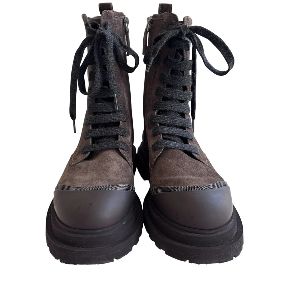 BRUNELLO CUCINELLI Brown Suede Boots with Monil Chain Sz 37